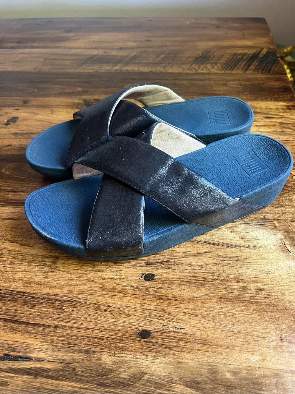 Fitflop Lulu Cross Glitz Slide Sandal Navy Sz 9 Comfort Sandal